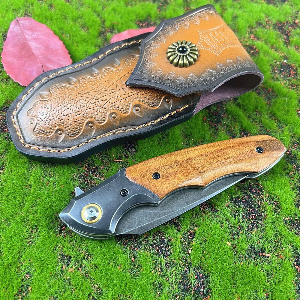 High Quality Flipper Folding Knife D2 Stone Wash Blade Rosewood Handle Ball Bearing Outdoor Camping Hiking Fishing EDC Folder Knives