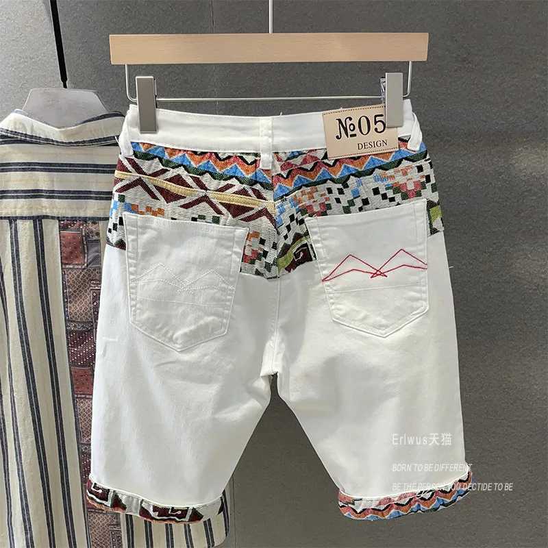 Heren Jeans Koreaanse stijl luxe zomer denim shorts met wit borduurwerk heren designer casual rechte mode denim Harajuku shortsL2404