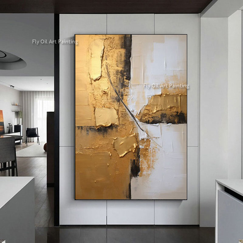 Handgefertigtes, großes, minimalistisches, gold-weißes, strukturiertes Kunstwerk auf Leinwand, Ölgemälde, weiß-beige, einzigartiges Gold-Leinwand-Dekor, Kunst für Büro, Wohnzimmer, Schlafzimmer