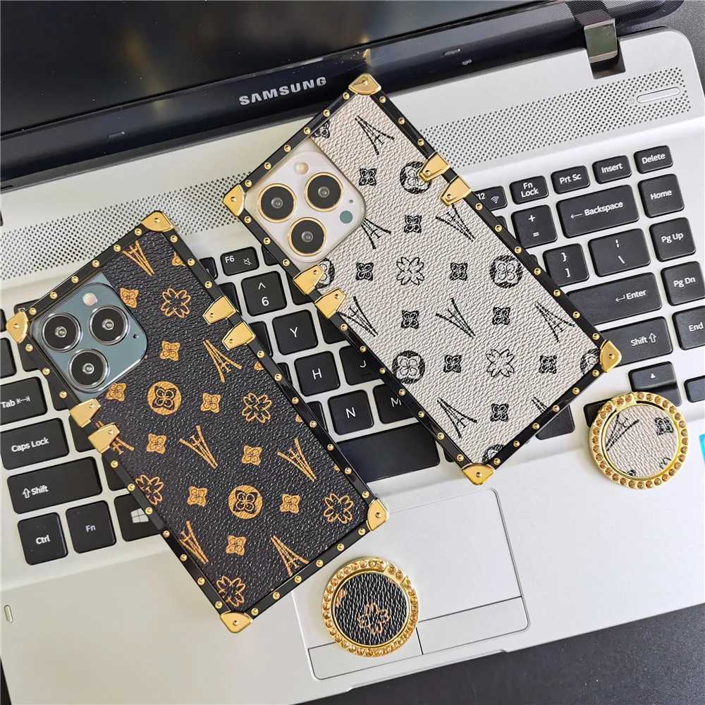 Cas de téléphone portable Couverture de motif géométrique de luxe Vintage Flower Square Cuir Case pour iPhone 15 PRO MAX 14 11 12 13 X XS XR 7 8 PLUS 2442