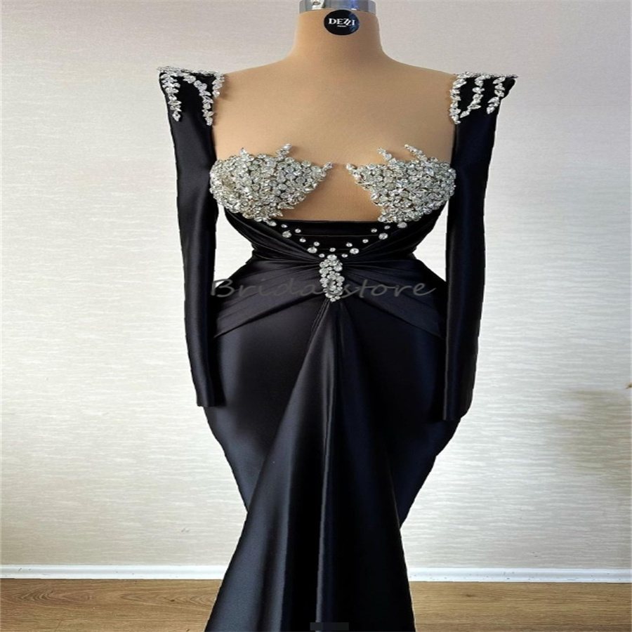 Unique Black Mermaid Evening Dress Square Neckline Long Sleeve Prom Dresses Crystal Beaded Formal Dress 2024 Custom Birthday Party Dress Reception Pageant Dress