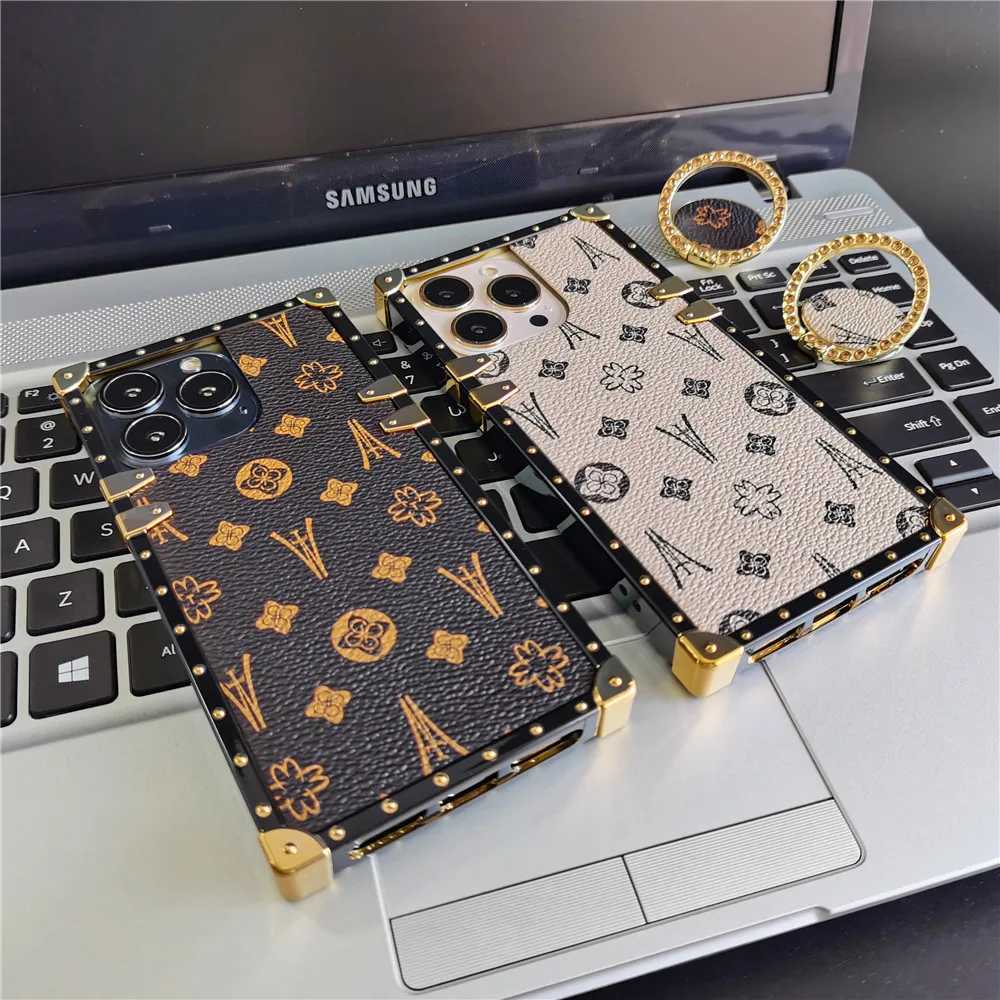 Cas de téléphone portable Couverture de motif géométrique de luxe Vintage Flower Square Cuir Case pour iPhone 15 PRO MAX 14 11 12 13 X XS XR 7 8 PLUS 2442