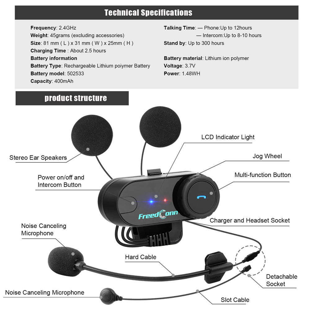 FreedConn TCOM VB Motorcykelhjälm Intercom Bluetooth Headset Group hörlurar 6 Riders BT 5.0 FM Musik Share Intercomunicator System