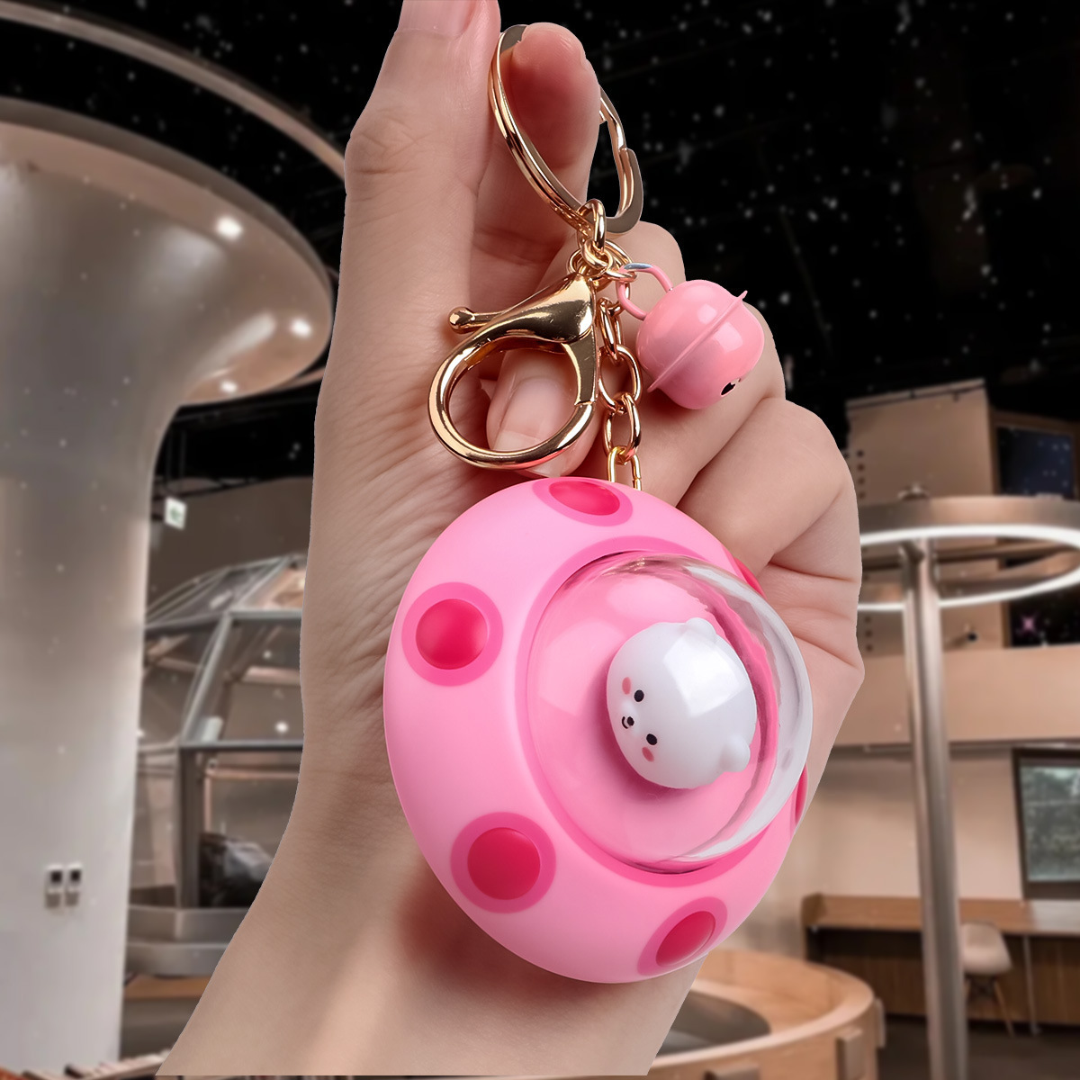 Hot selling spaceship LED lights cartoon cute teddy bear astronaut UFO keychain romantic couple bag pendant