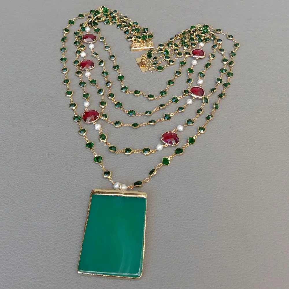 Ожерелья с подвесками 5 нитей 18 Белый жемчуг Зеленый красный кристалл Цепочка Ожерелье Зеленые агаты Кулон ручной работы в винтажном стиле вечеринки для женщин, ювелирные изделия 240330