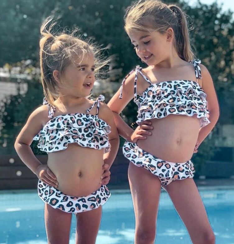 2024 children one pieces swimwear summer fashion girls white leopard print swimsuit + headscarf two-piece children's wear