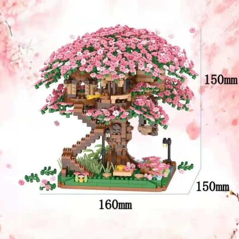 Blocchi Mini Sakura Tree House con luci Modello Building Blocks City Street View Case in fiore di ciliegio Mattoni Giocattoli bambini ragazze Regalo 240402