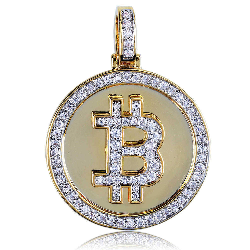 Bitcoin Symbol Pendant Gold Plated Zircon Inlaid Mens Hip Hop Necklace Pendant
