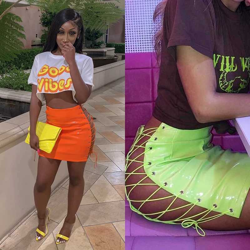 Urban Sexy Dresses OMSJ 2024 Sexy Club Female Mini Pencil Skirt Women High Waist Lace Up Neon Green Orange Solid Bodycon Hollow Out Bandage Skirts 240403