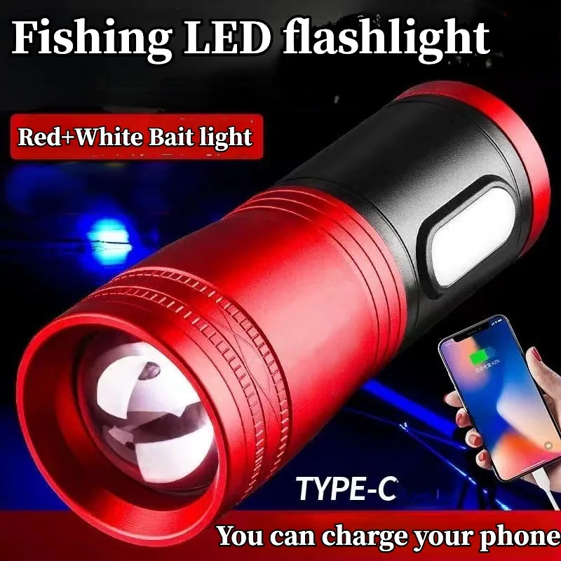 Blue White Yellow Purple 4 Light Source Fishing Flashlight Type C Rechargeable Strong Night Fishing Bright Lamp for Chair Box