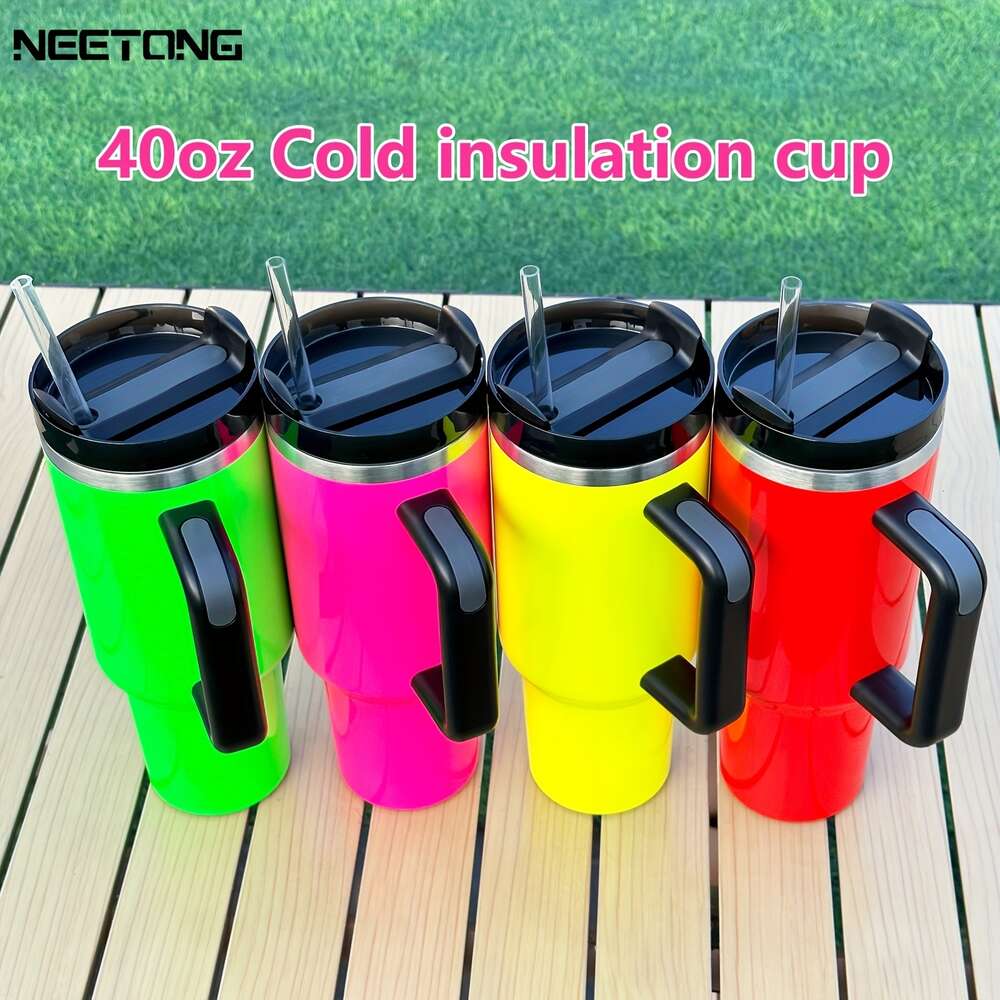 tapa de vaso de color fluorescente, botella de agua aislada de 40 oz con mango, tazas de bebida portátiles, para automóvil, hogar, oficina, bebida de verano, viajes