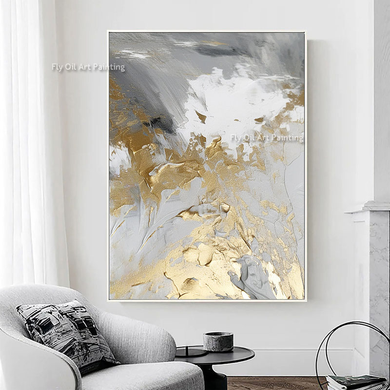 Samenvatting Goudgrijs canvas schilderen minimalistisch gestructureerde olieverfschilderij 100%handgeschilderde grijze gouden kunst minimalistische muurkunst voor woonkamer kantoor wall art decor