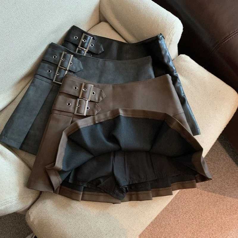 Urban Sexy Dresses S-3Xl Y2K Pu Leather Mini Skirt Women Vintage High Waist Pleated Skirts Streetwear Korean Black Slim Casual A Line Skirts New 2443