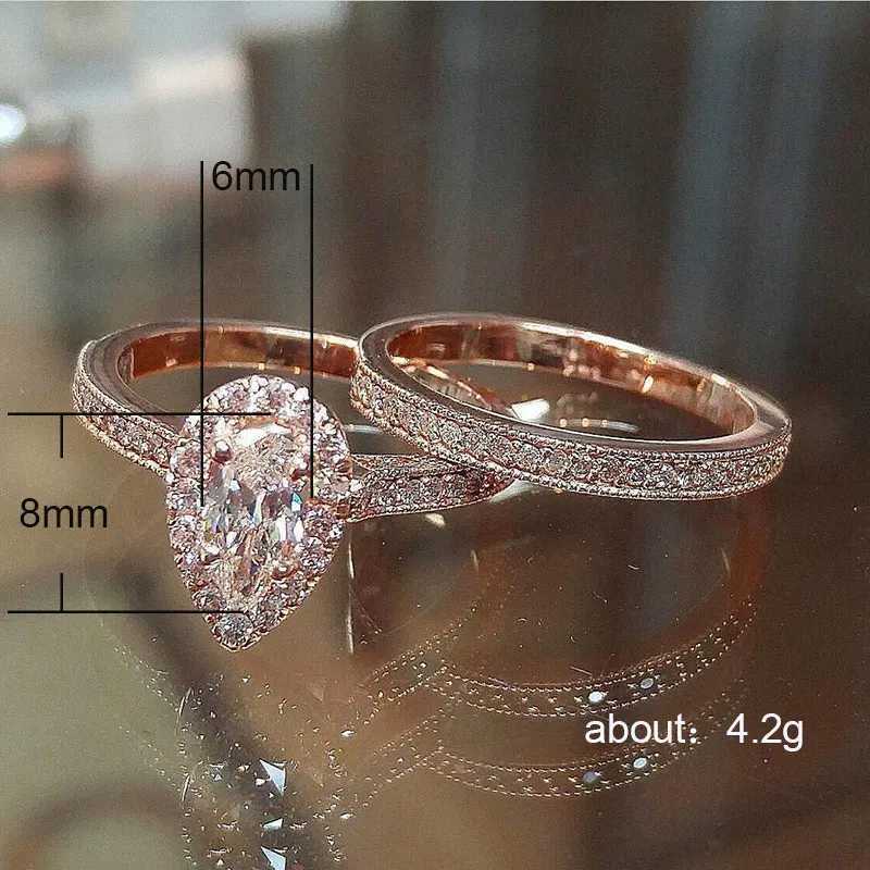 Wedding Rings Huitan AAA Zircon Stone Micro Paved Bridal Ring Sets Romantic Rose Gold Color Engagement Rings Wholesale Bulk Midi Rings