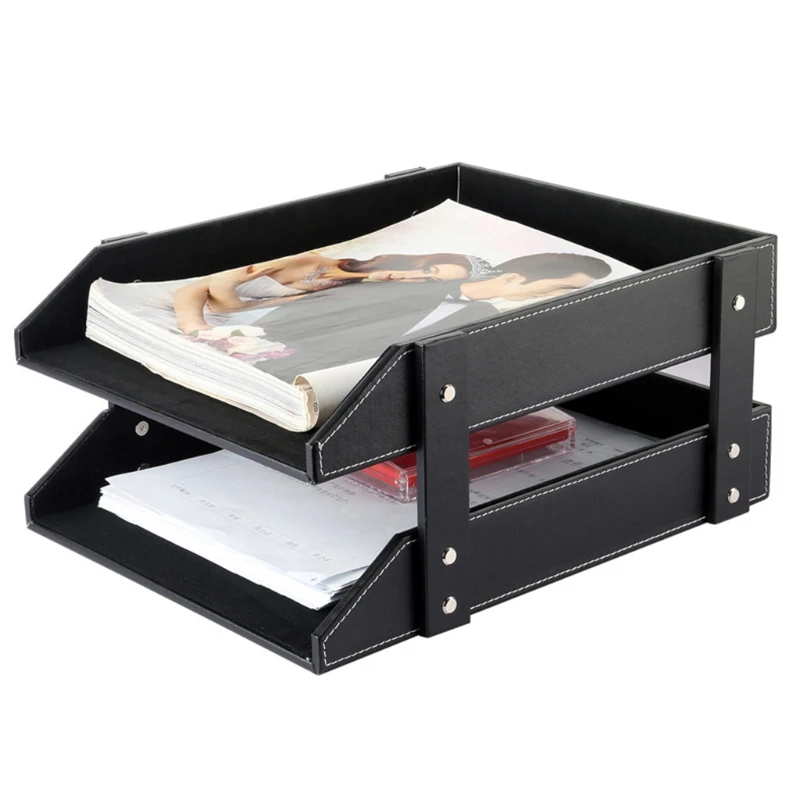 Anteckningar A4 Dokumentfil Organisator Tray Double Layers Desk Pu Leather Paper Holder Magazine Rack Storage Holder For Home School G2AC