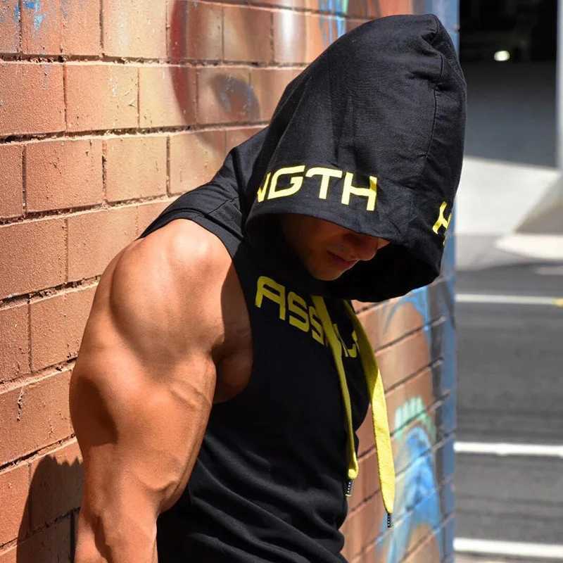 T-shirts masculins Muscle Fitness Guys Gym Vêtements pour hommes Bodybuilding Hooded Top Men Cotton Sans manches