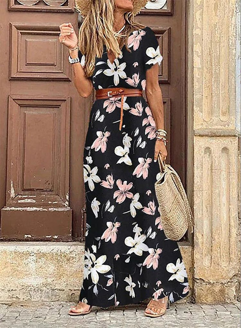 المرأة البوهيمية v-neck الأزهار القصيرة فستان طويل اللباس مصمم صيفي مع حزام أزياء فساتين شاطئية أنيقة للسيدات إجازة تنورة هولدي