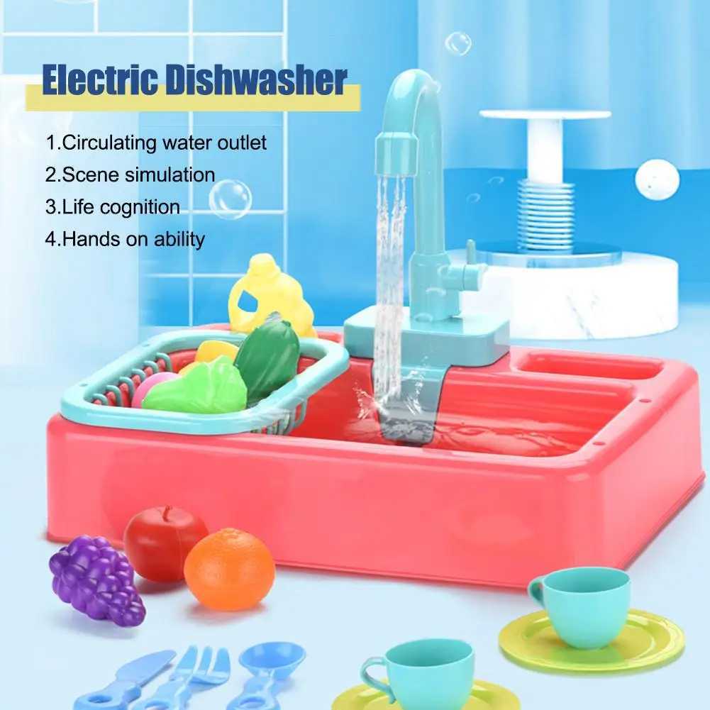 Kitchens Play Food Cute Kitchen Sink Toys Automatic Water Cycle System Play House Pretend Dishwasher Toy Role Play Toys For Girls Boys 2443