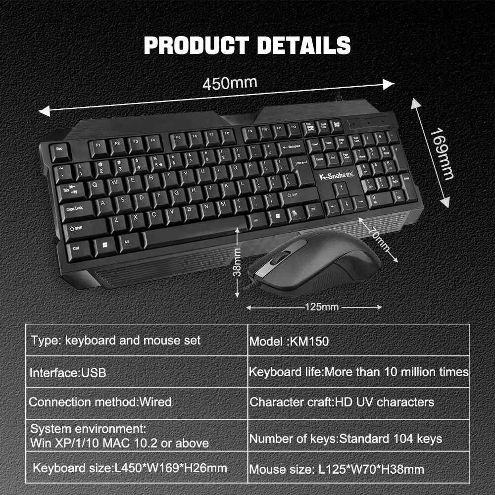 Teclados com fios de teclados e mouse clássico combo teclado de computador em tamanho grande e mouse com fio óptico para Windows Mac OS Laptop PL2404