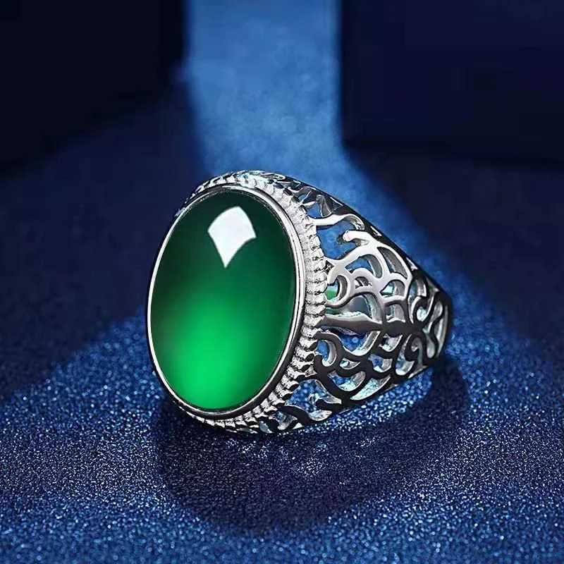 Band Rings New Ethnic Style Hollow Carved Oval Green Agate Finger Jewelry Retro 925 Sterling Silver Ring Mens Accessories for Daily Wear