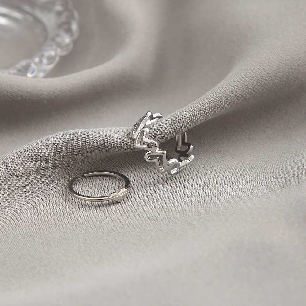 2 stks trouwringen zilveren kleur holle hartvorm open ring set ontwerp schattig mode love sieraden voor vrouwen meisje geschenken verstelbare verjaardagsfeestje