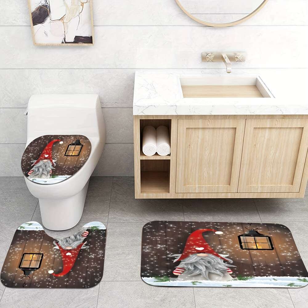 1/GNOME SETS, Tapis sans glissement, couvercle de couvercle de toilettes, gnomes rideaux imperméables 12 crochets, Noël rideaux de douche de vacances d'hiver avec tapis pour salle de bain, salle de bain