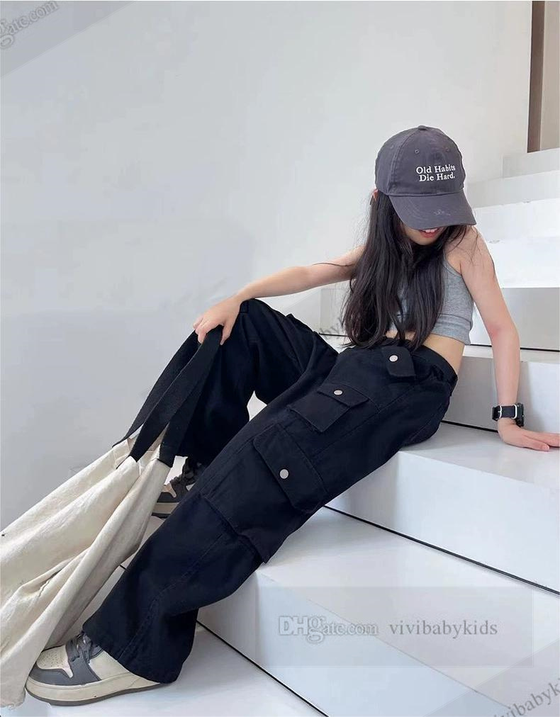 Fashion Teenagers cargo trousers big girls more pocket high waist pants spring old kids loose casual trouser Z7501