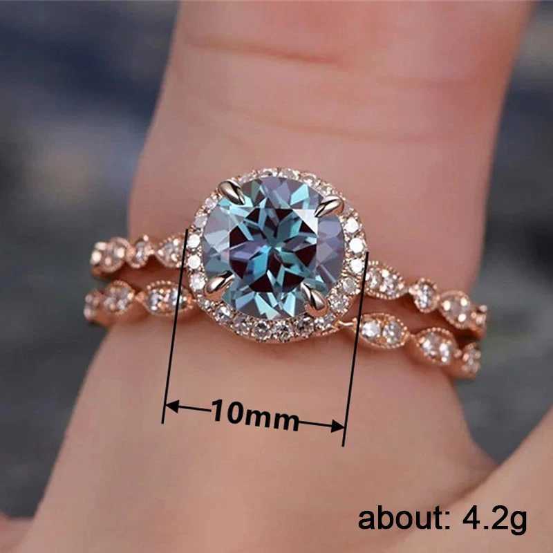 anéis de casamento Huitan Luxury Trendy Ring Set for Women Round Round Blue Cubic Zirconia Chique de noivado Casamento Double Rings Moda Jóias femininas