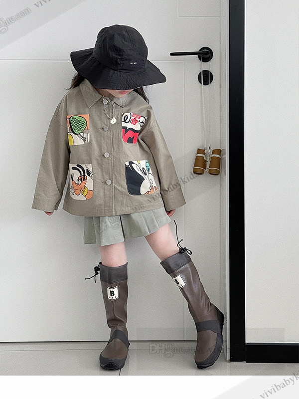 Mode Girls Cartoon Printed Pocket Cargo Trench Coat Kids Lapel Single Breasted Långärmning