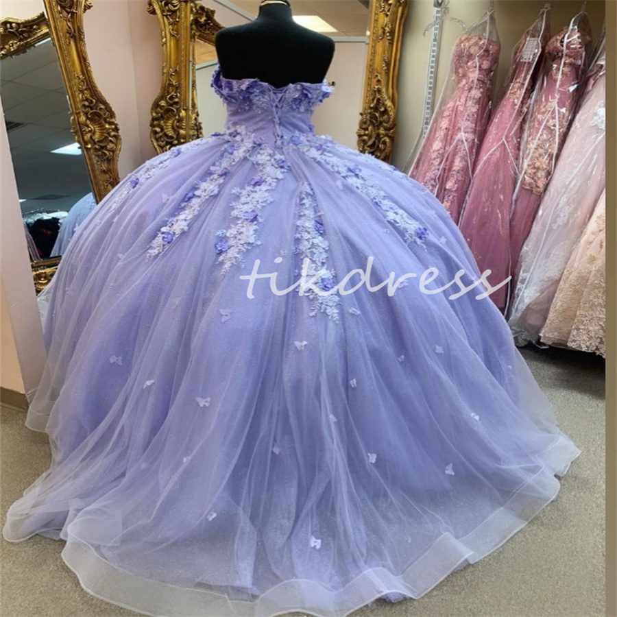 Lila Quinceanera -jurk met vlinders Princess 3d Florals Lace Vestidos D 15 Quinceanera 2024 Corset Verjaardagsfeestje Zestien verjaardag Formele feestjurk