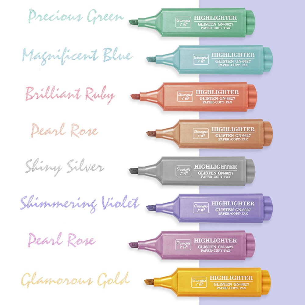 8 färger Metallic Highlighter Super Flash Fluorescerande penna Metallisk glitter Highlighter Markers Obs Teckna Journaling Supplies