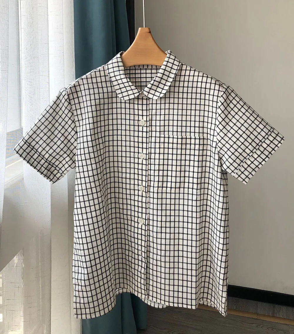 Damen Sommer 2022 Neu in 100% Leinenplaid kurzärmeligbluse Hemd Top