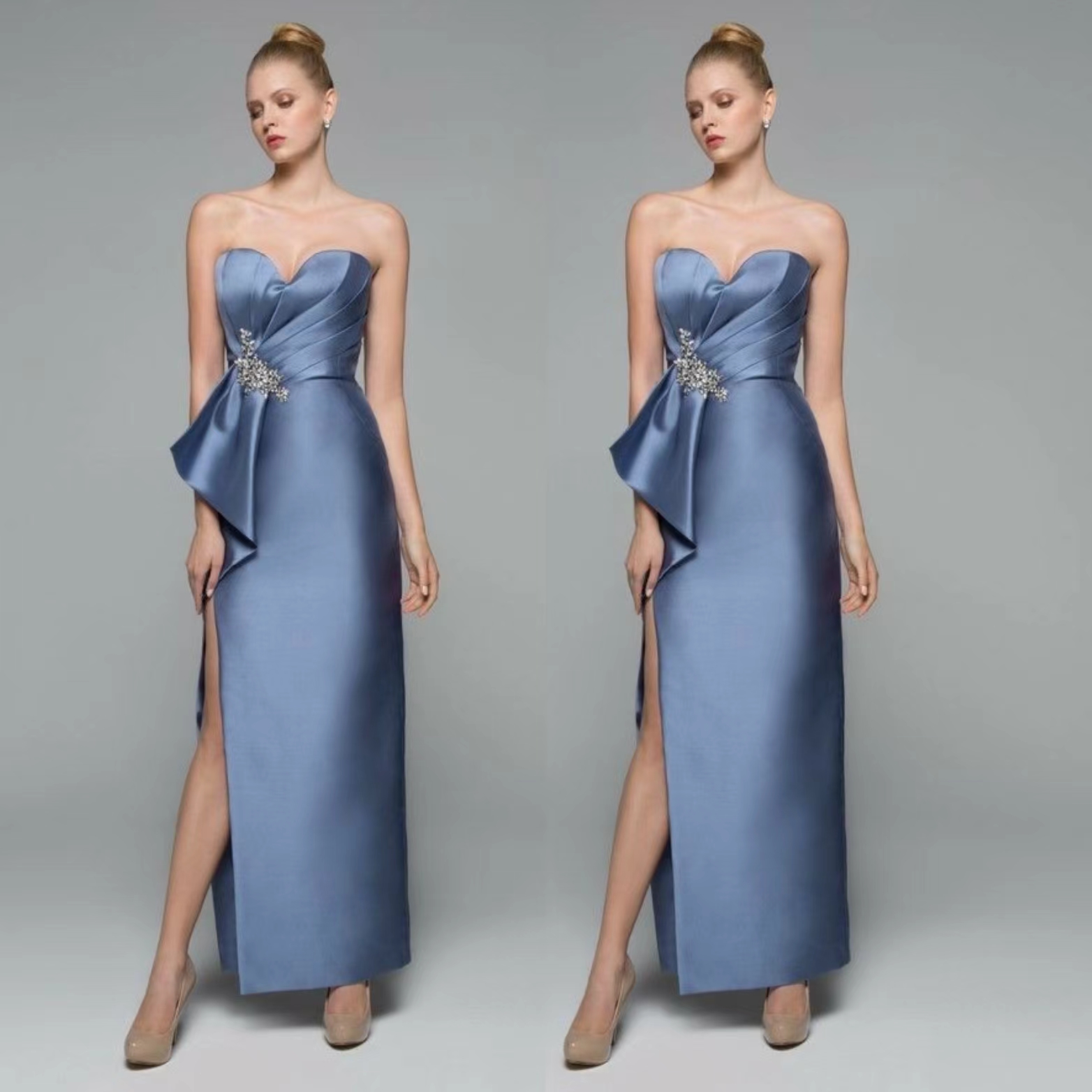 Elegant Long Blue Satin Mother of the Bride Dresses With Slit Sheath Sweetheart Neck Godmother Dresses Formal Party Gown Floor Length for Women