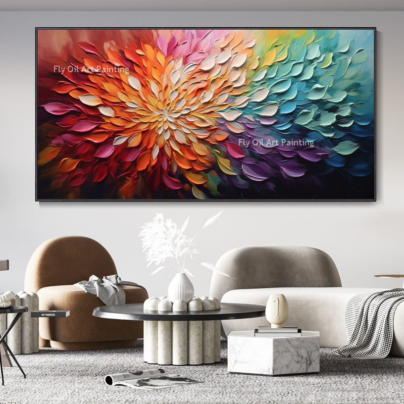 Flower Oil Painting on Canvas, Bohemian Artist Outfit Blooming Flower Botanical Landscape Art Living Room Decor Painting Wall Decor Painting