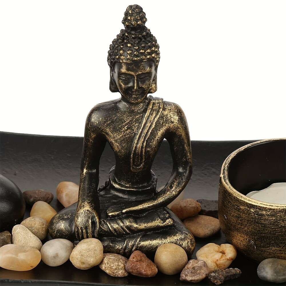 1 Sätt ljusets rökelsepinne i Zen Garden Tray Natural Stone Rocks, Tea Light Holder och Mini Staty - Meditation Spiritual Gift, Home Decor Office Table Top