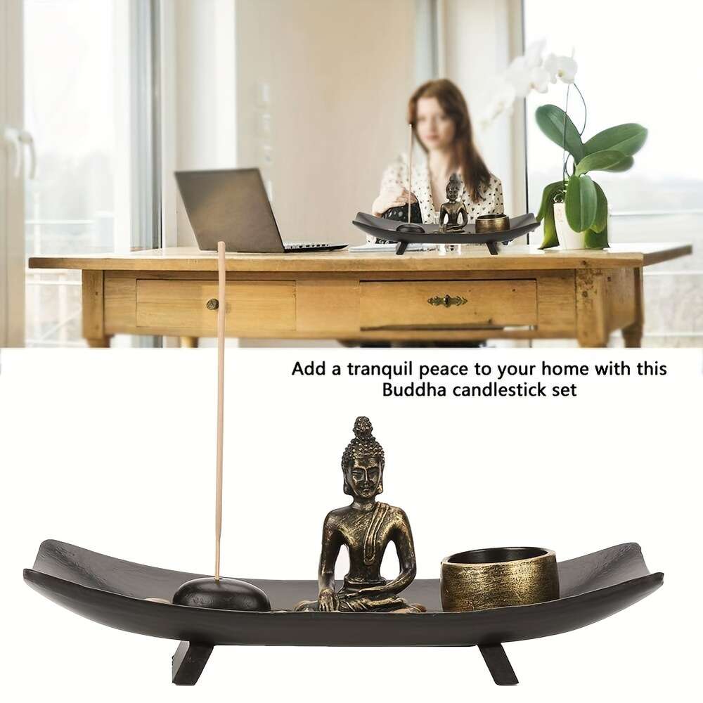 1 Sätt ljusets rökelsepinne i Zen Garden Tray Natural Stone Rocks, Tea Light Holder och Mini Staty - Meditation Spiritual Gift, Home Decor Office Table Top