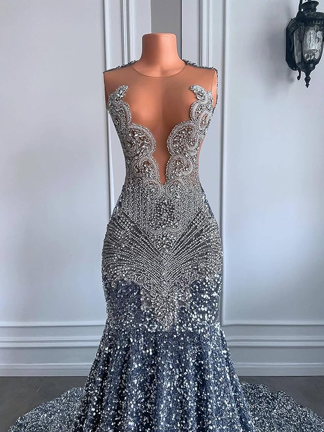 Luxury Crystals Rhinestone Avondjurken voor vrouwen Aso Ebi Sheer Neck Sparkly lovertjes speciale gelegenheid formele jurken plus maat tweede receptie prom jurk CL3457