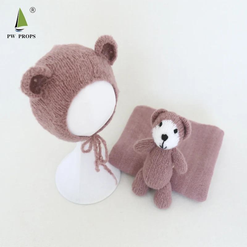 Fotografie Vintage Teddy Bear Motornet Spielzeugset Stretch Stretch Mohair Wrap Hut und Spielzeug Throutene -Anzug für Neugeborene -Fotografie -Requisiten