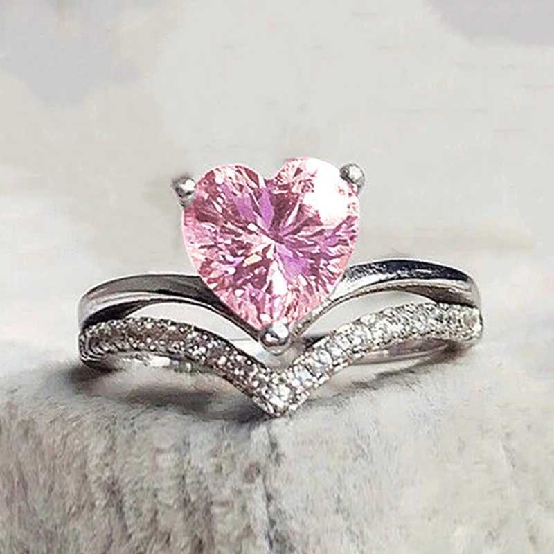 2 pezzi Anelli nuziali Huitan 2023 Trendy Heart Cubic Zirconia Anelli da donna il fidanzamento Wedding White/Rosa/Verde/Colorato Anelli Eterniità Eternity