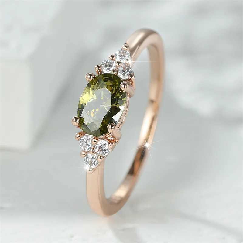 Wedding Rings Simple Small Olive Green Stone Ring Rose Gold Color Oval Zircon Minimalist Stacking Thin Rings For Women Party Wedding Bands