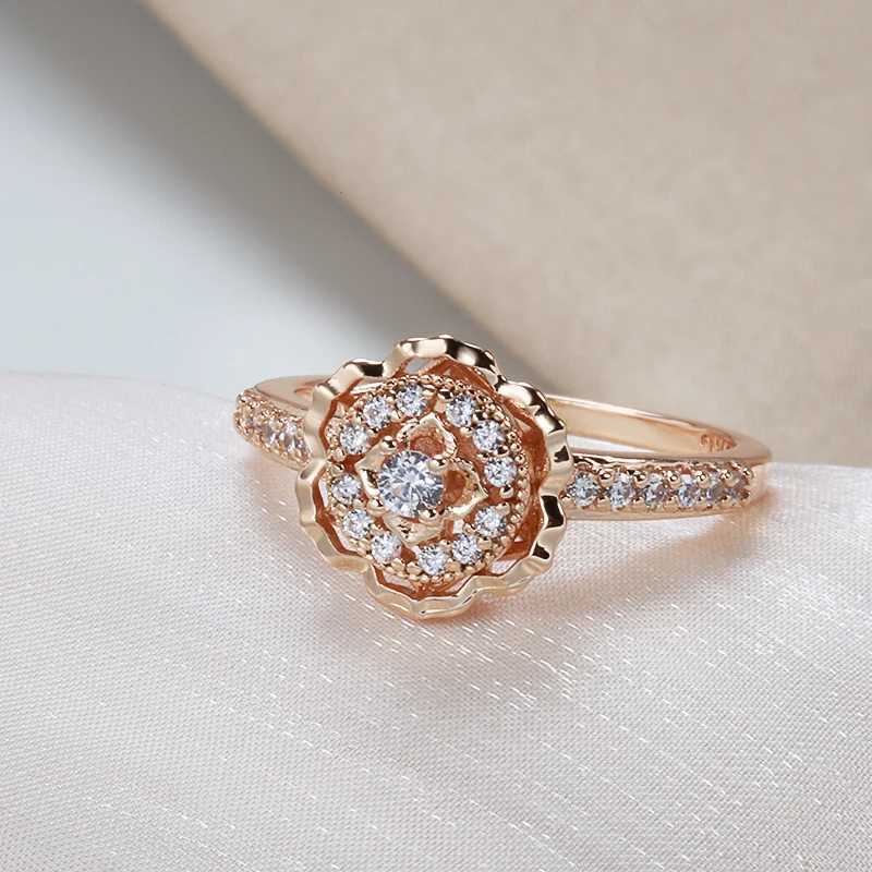 Wedding Rings Kinel Hot 585 Rose Gold Rings Fashion Rose Flower Natural Zircon Ring For Women Crystal Gift Daily Fine Vintage Wedding Jewelry