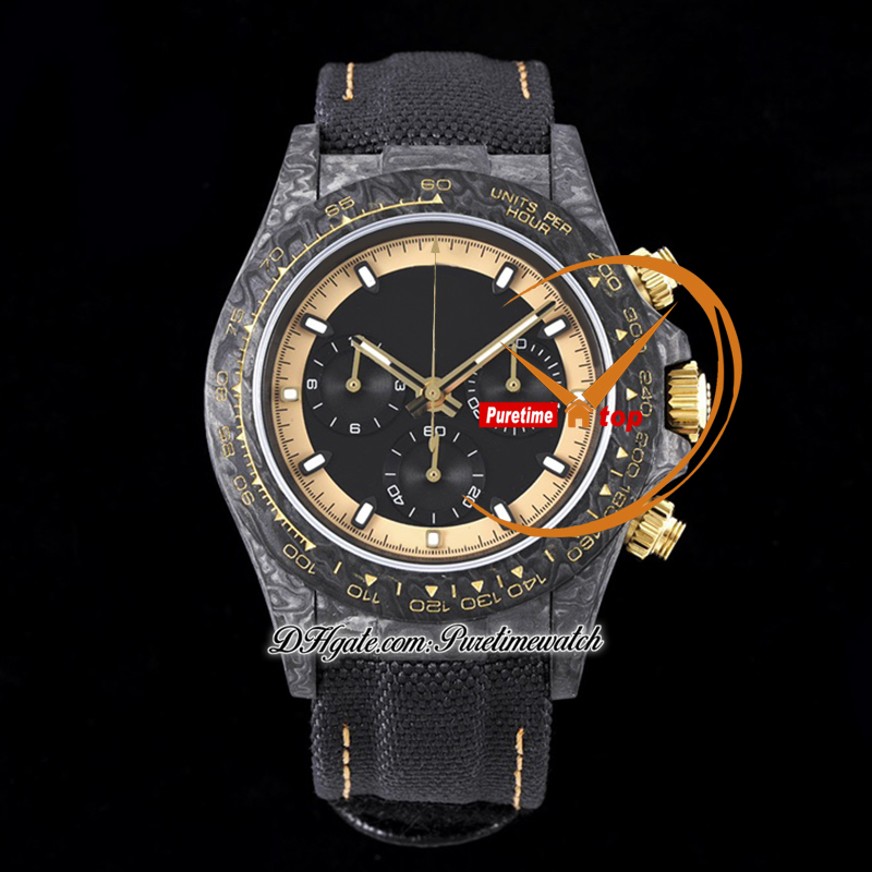 Diw Cream Invert Gold Carbon SA4130 Chronograph Automatic Chronograph Mens Watch N6F V2 Black Yellow Dial Nylon Strap Super Edition Même carte de série Puretime Reloj Hombre Ptrx 10