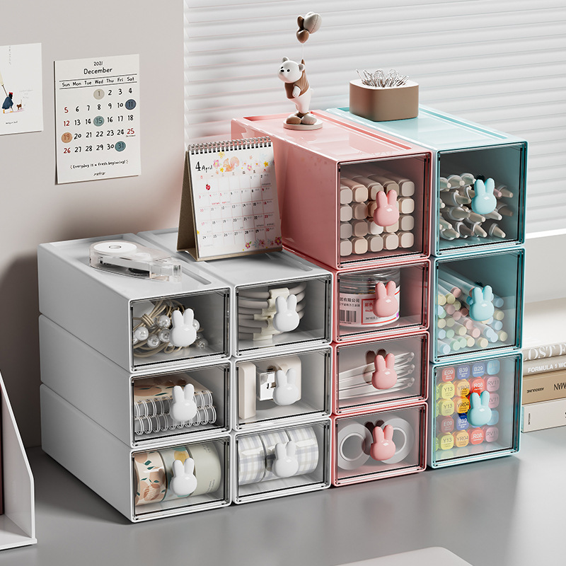 Konijn kawaii desktop organizer lade roze witte washi papieren potlood sticker marker schattige bureau opbergdoos penhouder briefpapier