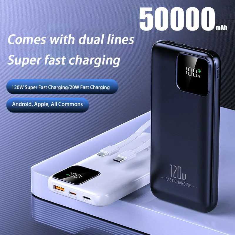 Cell Phone Power Banks 50000mah Power Bank Built-in Cable 120w Super Fast Charging Battery High Capacity Digital Display Power Bank For IPhone Huawei 2443