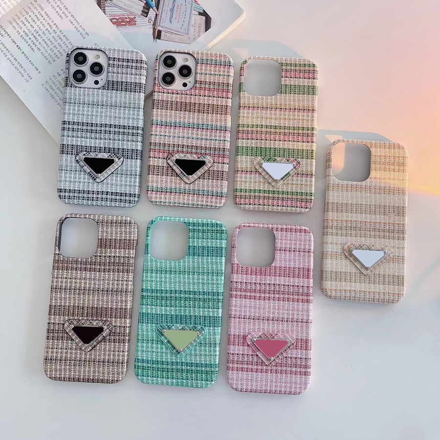 Colorful Metal Logo Phone Case Straw Mat Woven Texture For Iphone 14 11 Pro Max 12 13 Xs Xr Color Blocking Half Wrap Cover