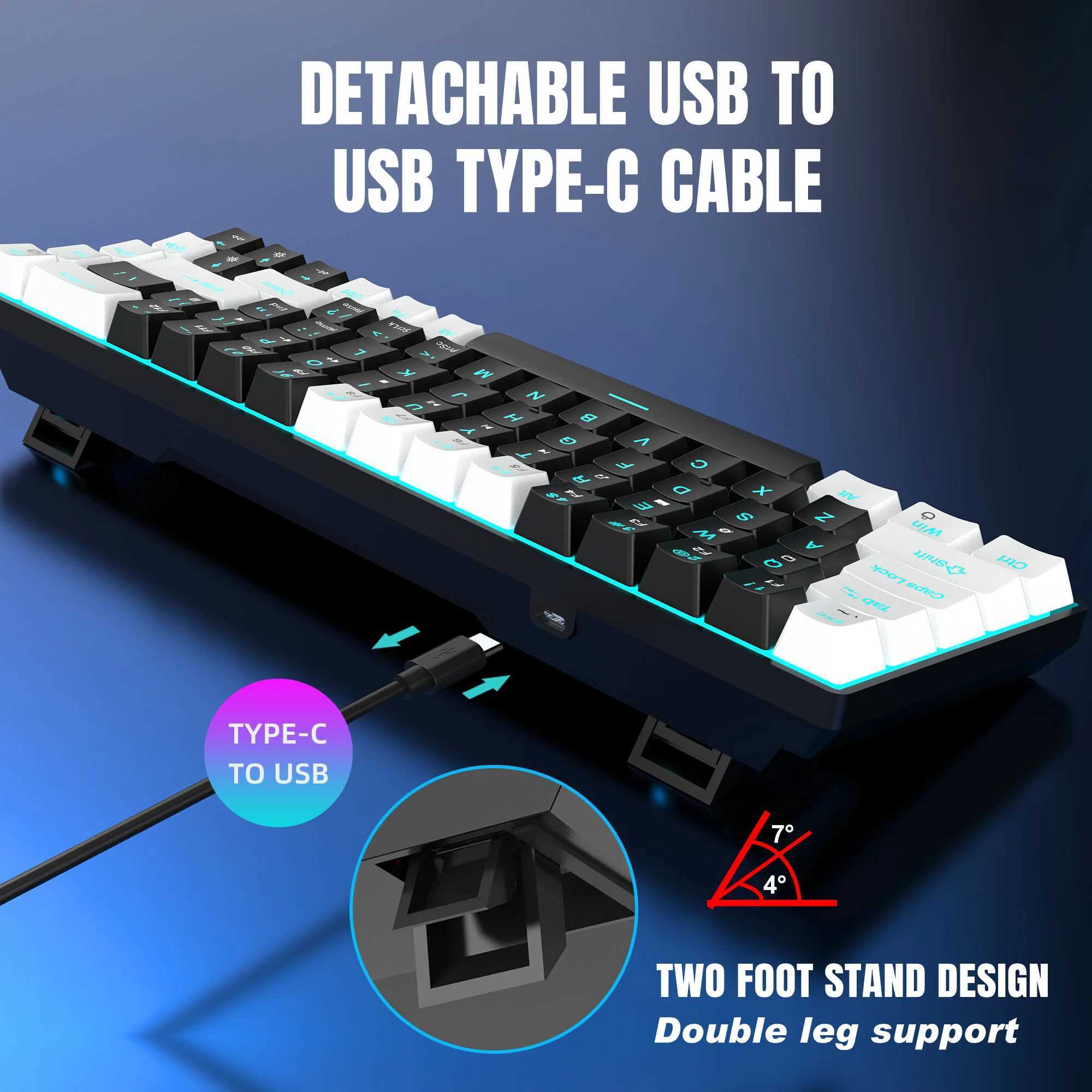 Toetsenboards 68 Key Mechanisch toetsenbord Ergonomisch ontworpen RGB -achtergrondverlichting LED Thermische schakelaar Blue Switch Gaming Toetsenbord geschikt voor PC Laptop Office2404