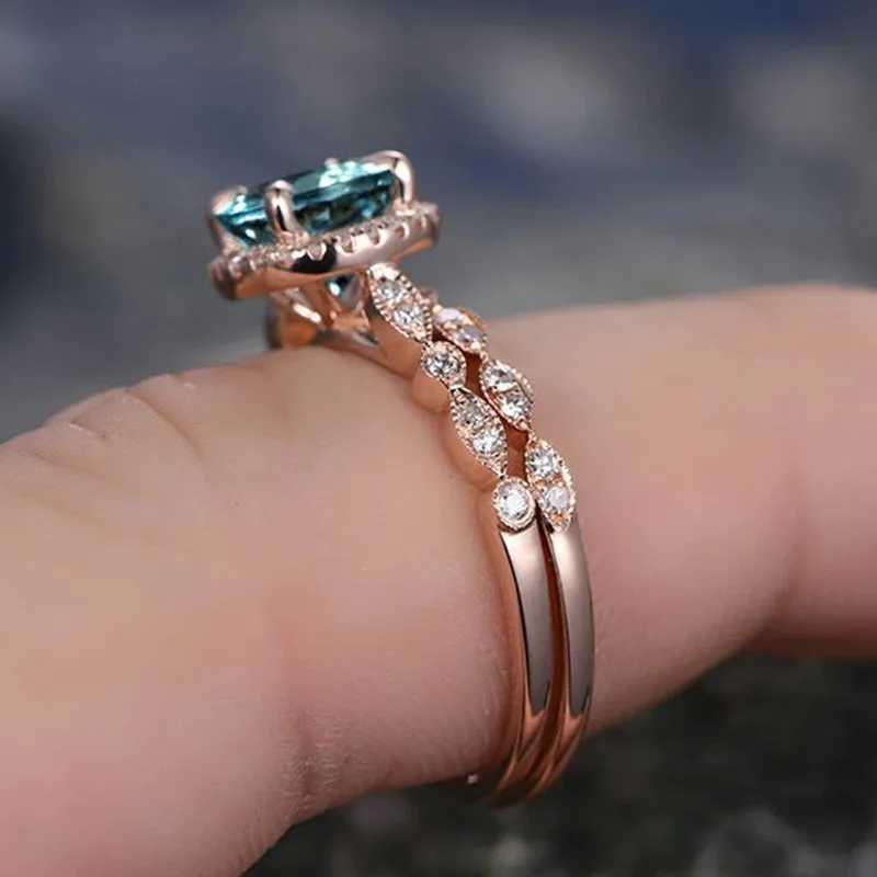 anéis de casamento Huitan Luxury Trendy Ring Set for Women Round Round Blue Cubic Zirconia Chique de noivado Casamento Double Rings Moda Jóias femininas