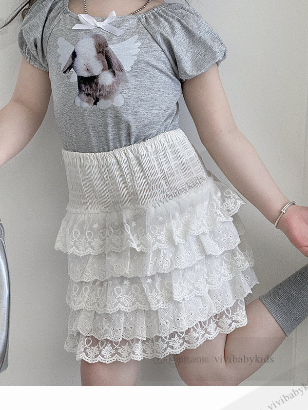 女の子のお姫様服セットキッズ漫画ウサギのプリントパフスリーブTシャツTiered Lace Embroidery Cake Skirt Summer Children衣装Z7497