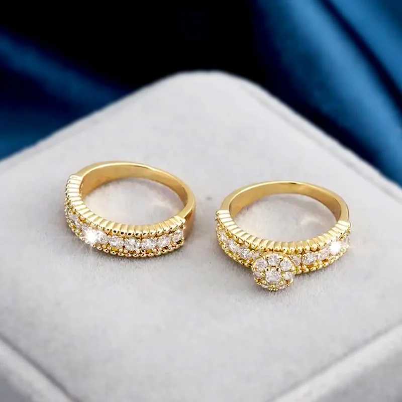 Wedding Rings Huitan Trendy Golden Color Bridal Ring Sets Female Wedding Ceremony Accessories with Bright Zirconia Fashion Luxury Jewelry