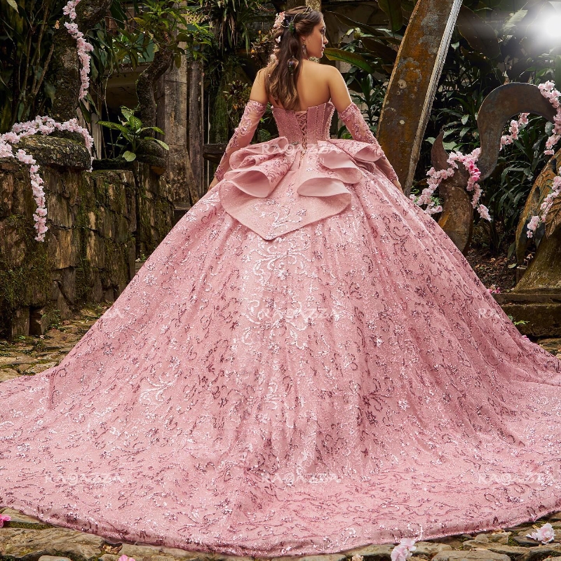 Appliques rosa scintillanti in pizzo cristallo quinceanera abiti da ballo abito perline corsetto dolci 16 ragazze vestidos de 15